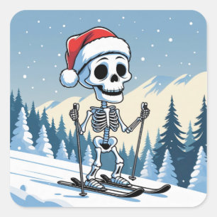 Spooky Christmas Skeleton on Skis Square Sticker