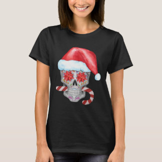 Spooky Christmas Skull Wearing Santa Hat   T-Shirt