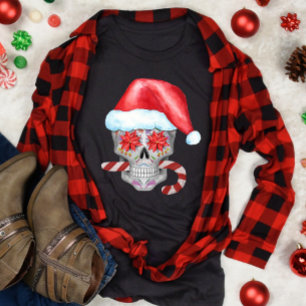 Spooky Christmas Skull Wearing Santa Hat T-Shirt