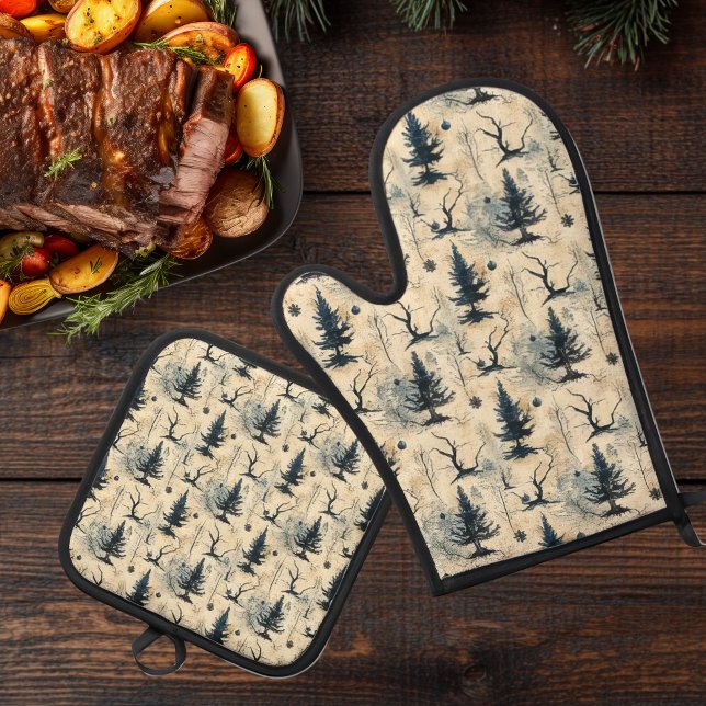 Spooky Christmas Tree Oven Mitt & Pot Holder Set (winter forest 1)