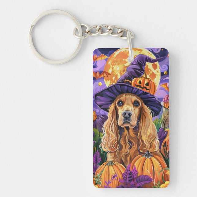 Spooky Cocker Spaniel Dog Halloween Witch Pumpkin Key Ring (Front)