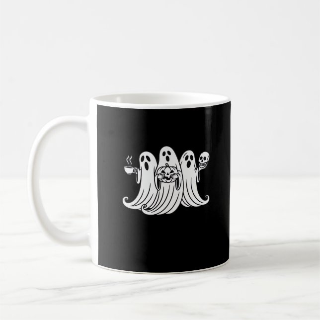Spooky Coffee Sipping Pumpkin Holding Mug (Left)