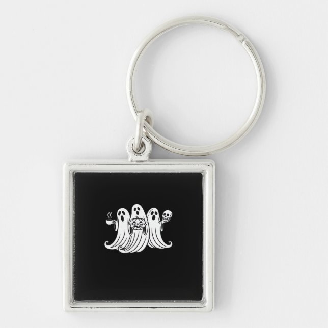 Spooky Coffee-Sipping Pumpkin-Holding Skull-Displa Key Ring (Front)