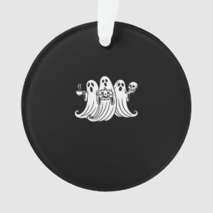 Spooky Coffee-Sipping Pumpkin-Holding Skull-Displa Ornament