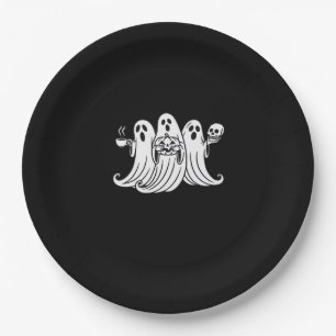 Spooky Coffee-Sipping Pumpkin-Holding Skull-Displa Paper Plate