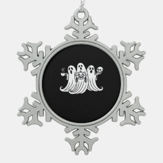 Spooky Coffee-Sipping Pumpkin-Holding Skull-Displa Snowflake Pewter Christmas Ornament