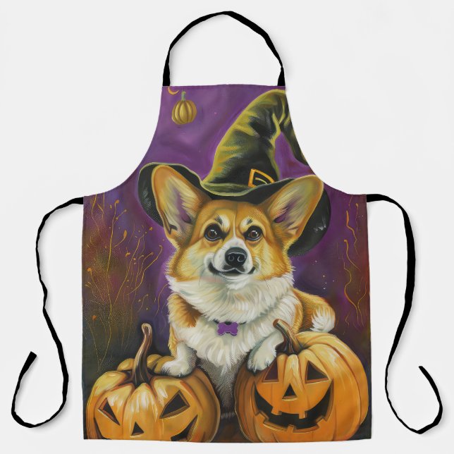 Spooky Corgi Dog Halloween Witch Pumpkin Apron (Front)