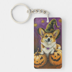 Spooky Corgi Dog Halloween Witch Pumpkin Key Ring