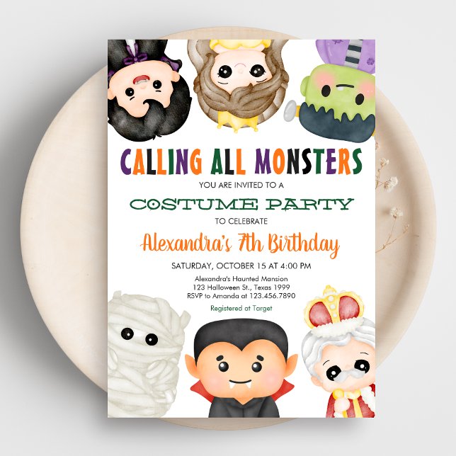 Spooky Costume Halloween Birthday Invitation (Calling All Monsters Costume Halloween Birthday Party Invitation)