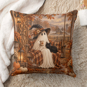 Spooky Cosy Ghost & Black Cat Autumn Porch Cushion