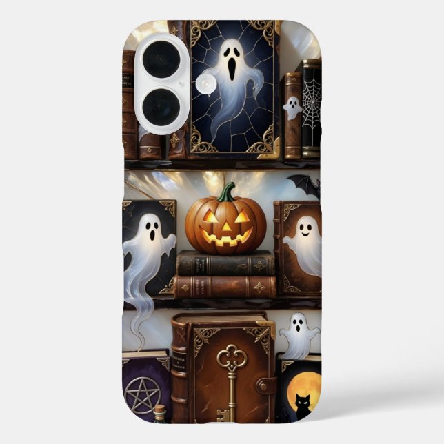 Spooky Cozy iPhone Case Ghost Pumpkin Bookshelf (Back)