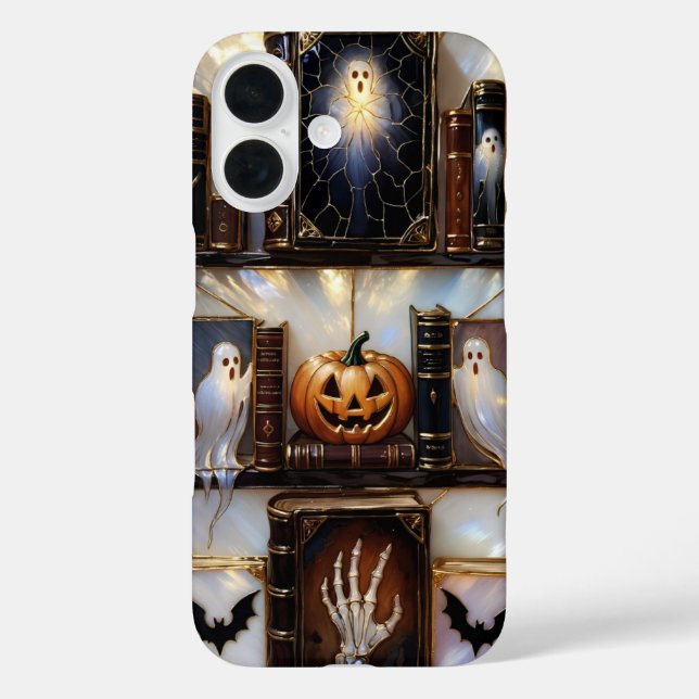Spooky Cozy iPhone Case Ghost Pumpkin Bookshelf (Back)
