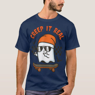 Spooky Creep it Real Ghost Skateboard Funny Hallow T-Shirt