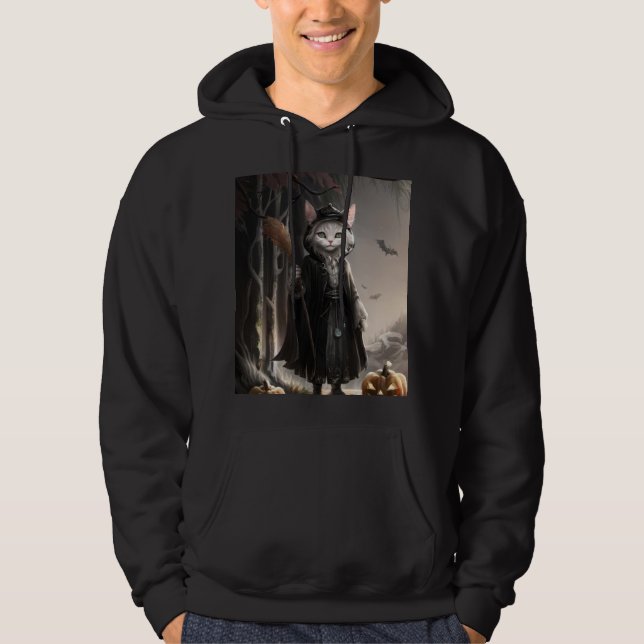 Spooky Creepy Cat Mage In Misty Forest Halloween Hoodie (Front)