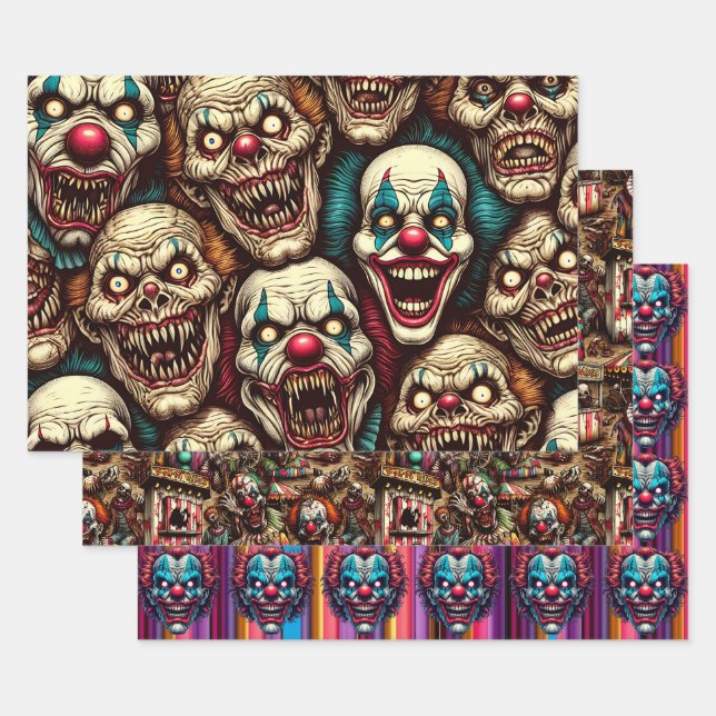 Spooky Creepy Clown Zombie Abandoned Carnival Wrapping Paper Sheet (Set)