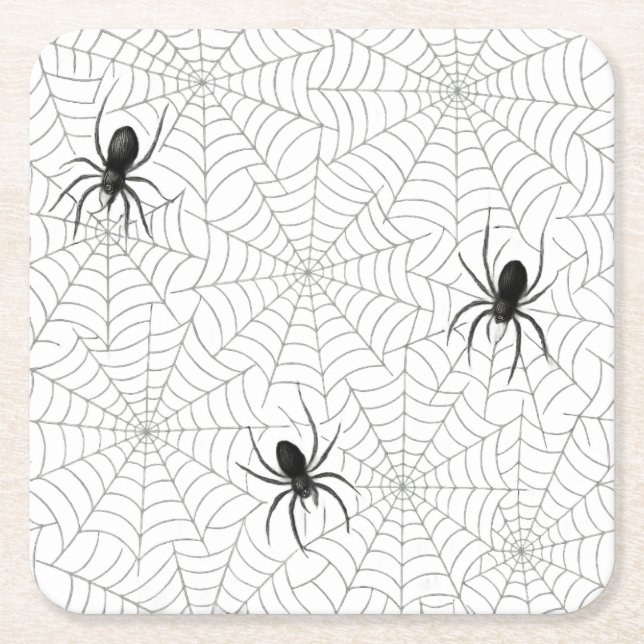 Spooky Creepy Spider Web Halloween Square Paper Coaster (Front)
