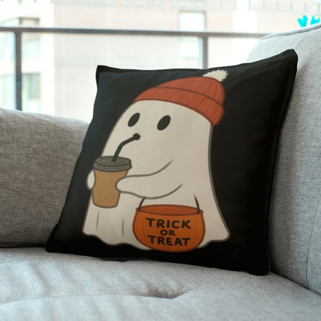 Spooky Cute Adorable Ghost Red Beanie Halloween  Cushion (Creator Uploaded)
