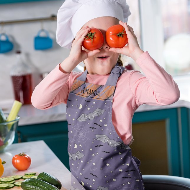 Spooky Cute Bats Kids Halloween Purple & Orange Apron (Spooky Halloween Purple and Orange Plaid Apron for Kids. Hand Drawn Cute Bats, Stars & Spiderwebs)