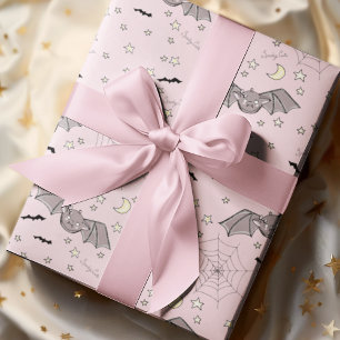 Spooky Cute Bats Pink Halloween Pattern Wrapping Paper