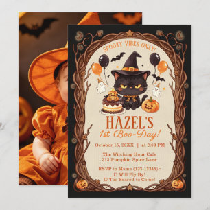 Spooky Cute Black Cat Halloween Witch 1st Boo-Day Invitation