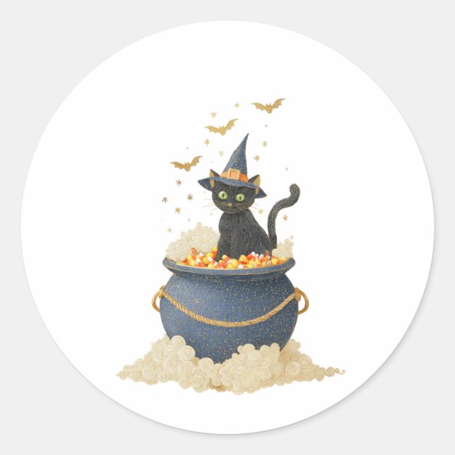 Spooky Cute Black Cat in Cauldron. Halloween  Classic Round Sticker (Front)