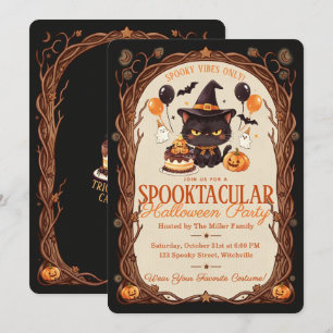 Spooky Cute Black Cat Witch Halloween Party Invitation