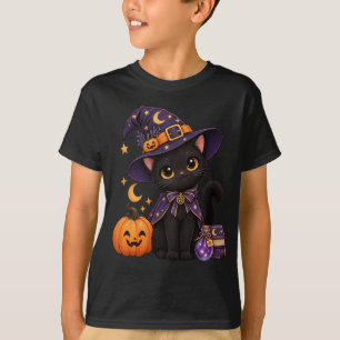 Spooky Cute Black Cat Witch Hat Pumpkin Halloween T-Shirt