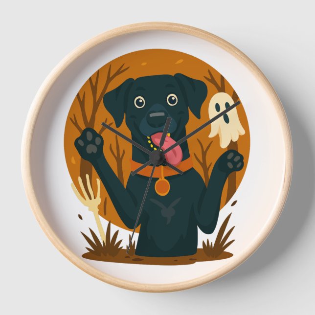 Spooky Cute Black Dog with Ghost  Clock (Front)