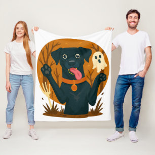Spooky Cute Black Dog with Ghost  Fleece Blanket