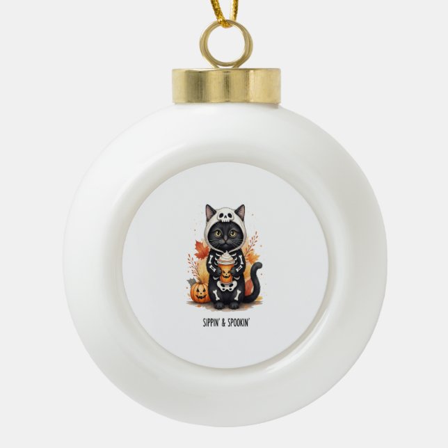 Spooky Cute Cat Halloween Ceramic Ball Christmas Ornament (Front)