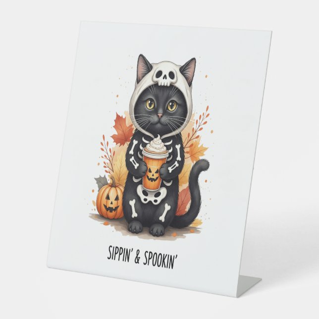 Spooky Cute Cat Halloween Pedestal Sign (Front)