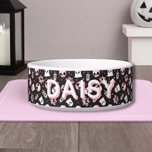 Spooky Cute Custom Name Pink & Black Halloween Dog Bowl