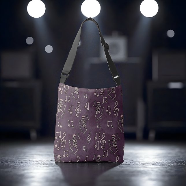 Spooky Cute Dancing Skeleton Music Notes Halloween Crossbody Bag (Dancing skeleton music bag with spooky Halloween style.)