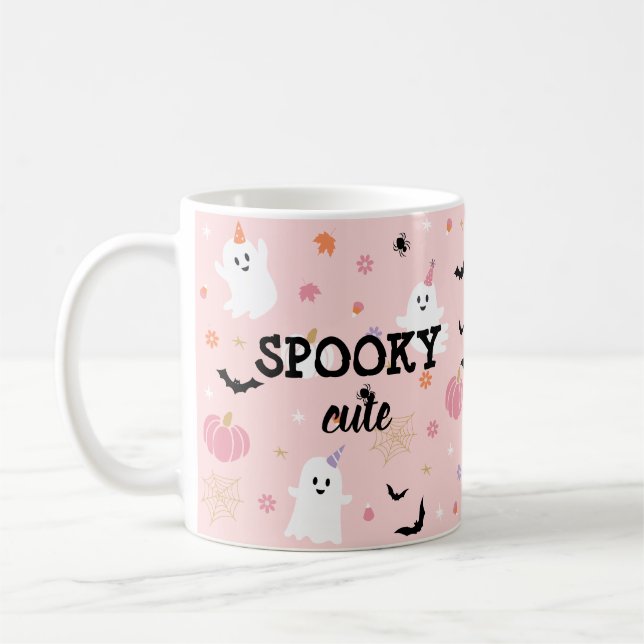 Spooky Cute Dusty Pink Ghost Halloween Coffee Mug (Left)