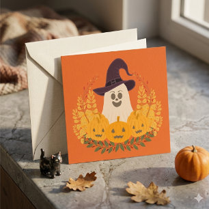 Spooky Cute Ghost And Pumpkins Autumn Wreath Card