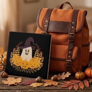 Spooky Cute Ghost And Pumpkins Autumn Wreath Ceramic Tile