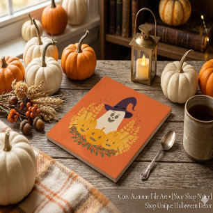 Spooky Cute Ghost And Pumpkins Autumn Wreath Ceramic Tile