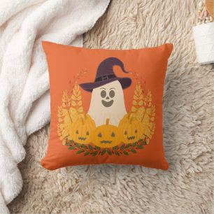 Spooky Cute Ghost And Pumpkins Autumn Wreath Cushion