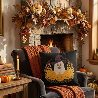 Spooky Cute Ghost And Pumpkins Autumn Wreath Cushion