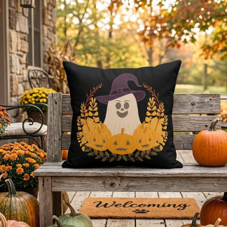 Spooky Cute Ghost And Pumpkins Autumn Wreath Cushion
