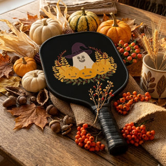 Spooky Cute Ghost And Pumpkins Autumn Wreath Pickleball Paddle
