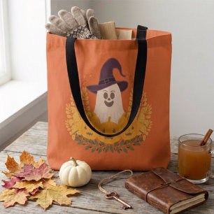 Spooky Cute Ghost And Pumpkins Autumn Wreath Tote Bag