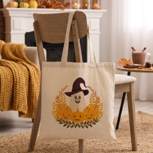 Spooky Cute Ghost And Pumpkins Autumn Wreath Tote Bag