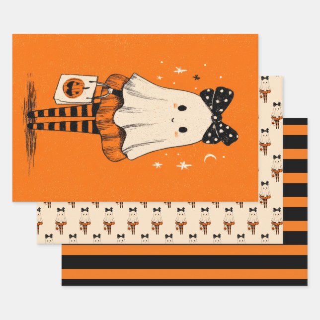 Spooky Cute Ghost Burnt Orange& Black Halloween Wrapping Paper Sheet (Set)