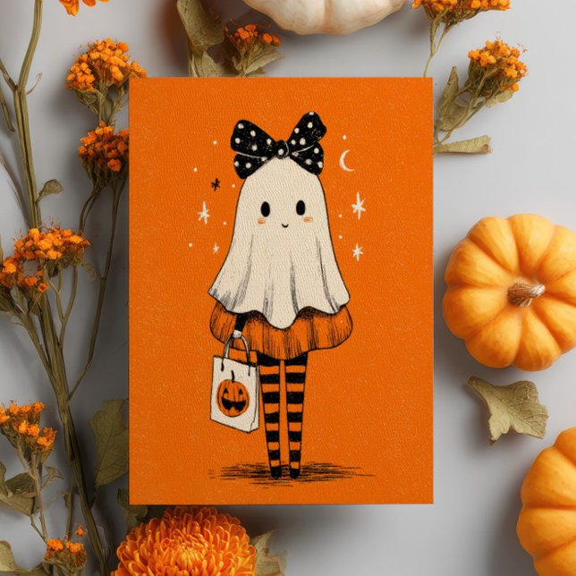 Spooky Cute Ghost Burnt Orange Whimsical Halloween Postcard (Creator Uploaded)