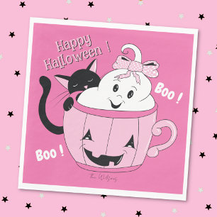 Spooky Cute Ghost Cat Pink Halloween Paper Napkin