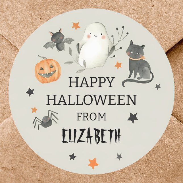 Spooky Cute Ghost Cat Pumpkin Halloween Classic Round Sticker (Creator Uploaded)