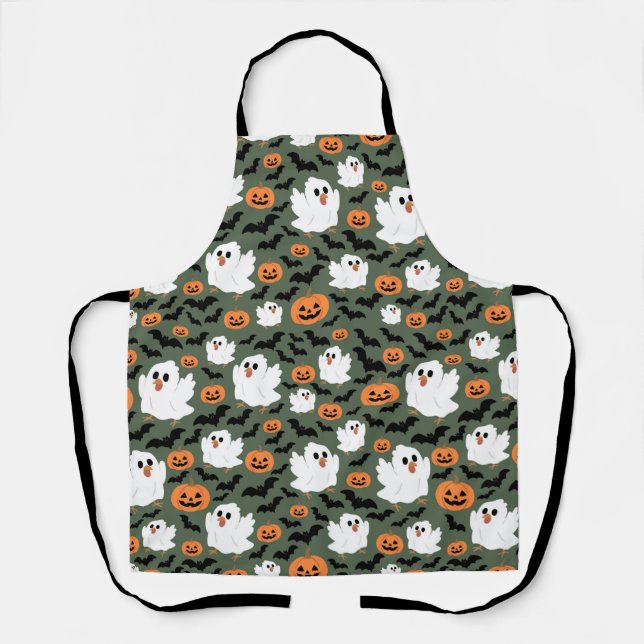 Spooky Cute Ghost Chickens with Pumpkins and Bats  Apron (Front)