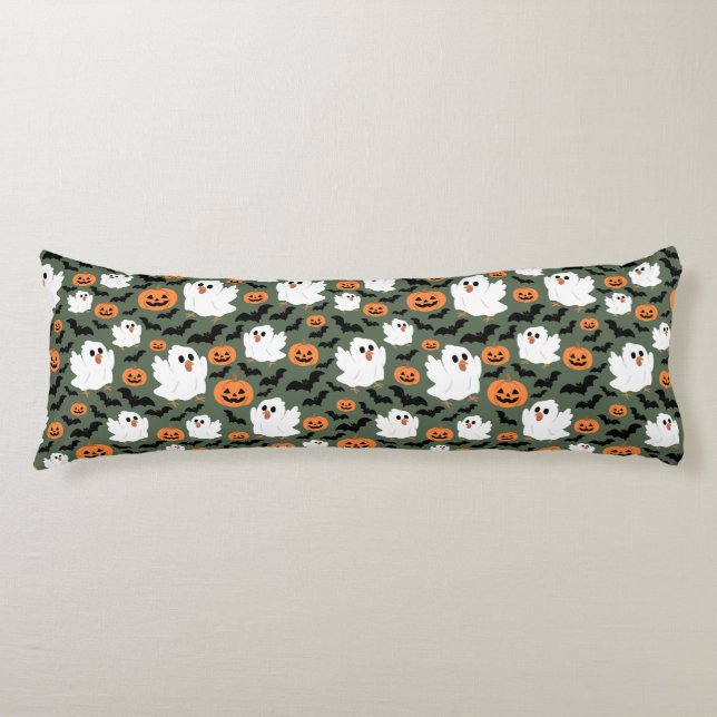 Spooky Cute Ghost Chickens with Pumpkins and Bats Body Cushion (Front)