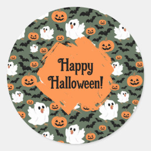 Spooky Cute Ghost Chickens with Pumpkins and Bats Classic Round Sticker